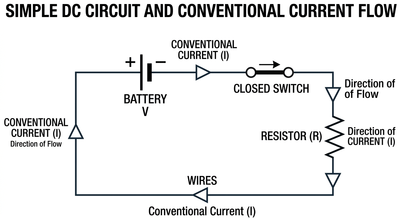 SIMPLE DC CIRCUIT AND CONVENTIONAL CURRENT FLOW